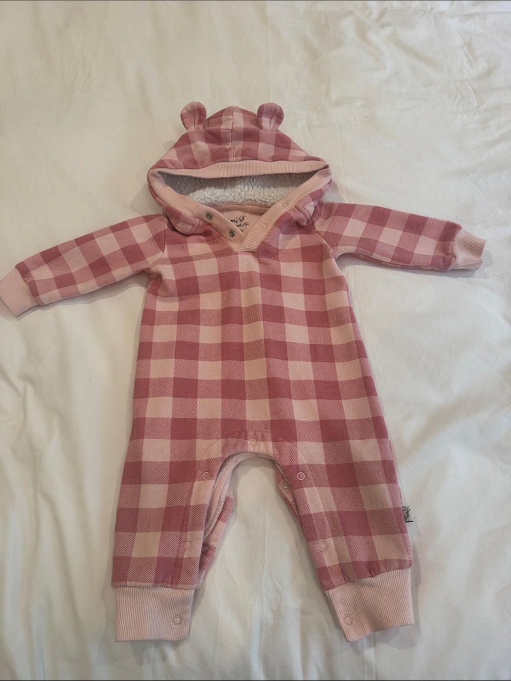 Pink Buffalo Check Hooded Baby One-Piece. Size 6mo